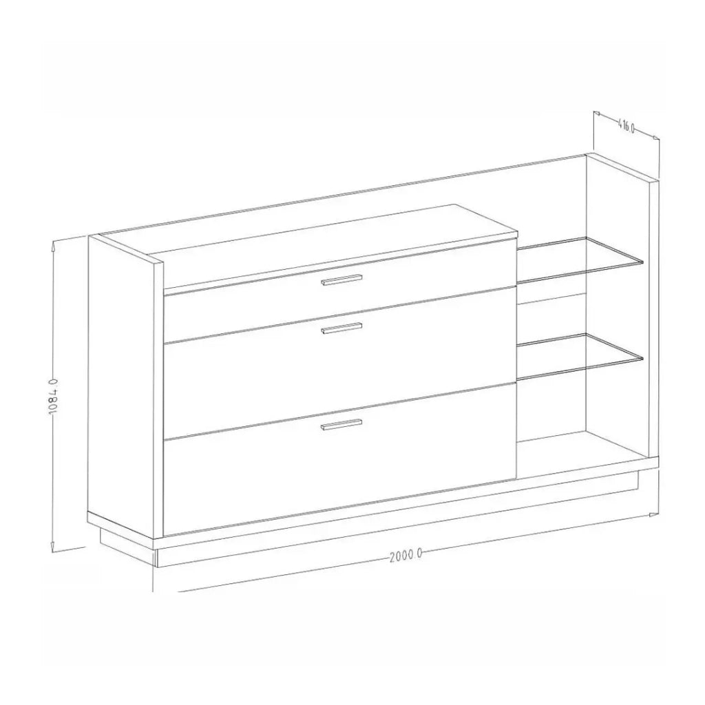 Credenza design XL 200cm. Collezione CORK con 3 cassetti e scaffali. Colori pino e grigio antracite.