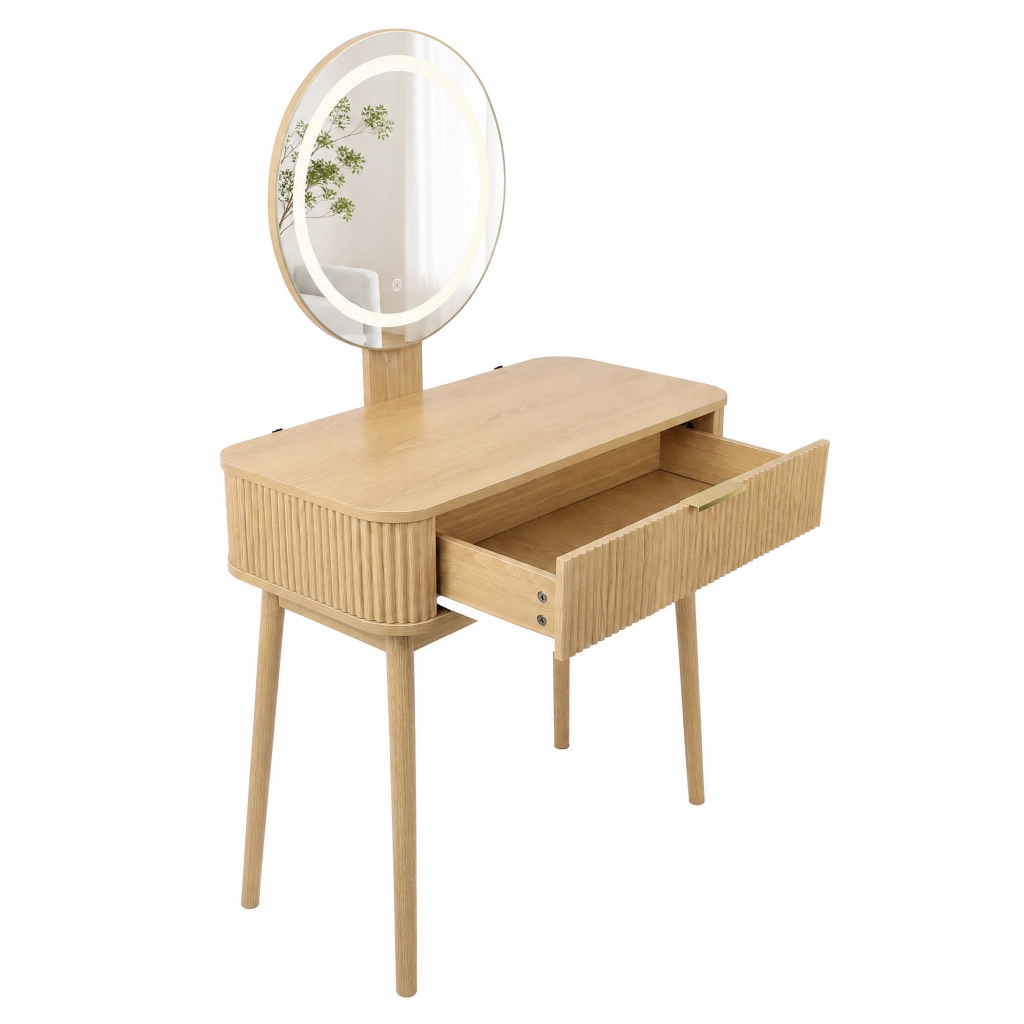 Toeletta con specchio rotondo e illuminazione LED a 3 modalità, cassetti capienti, colore rovere 80 × 40 × 133 cm