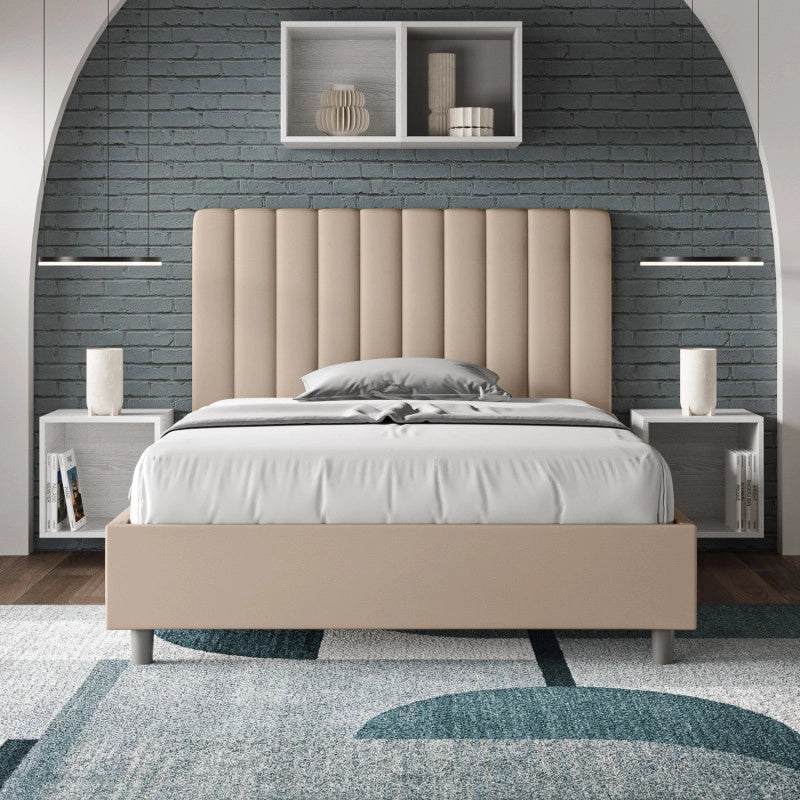 Letto imbottito Piazza e mezzo 130x210 cm Agueda - Similpelle,Senza rete,Tortora