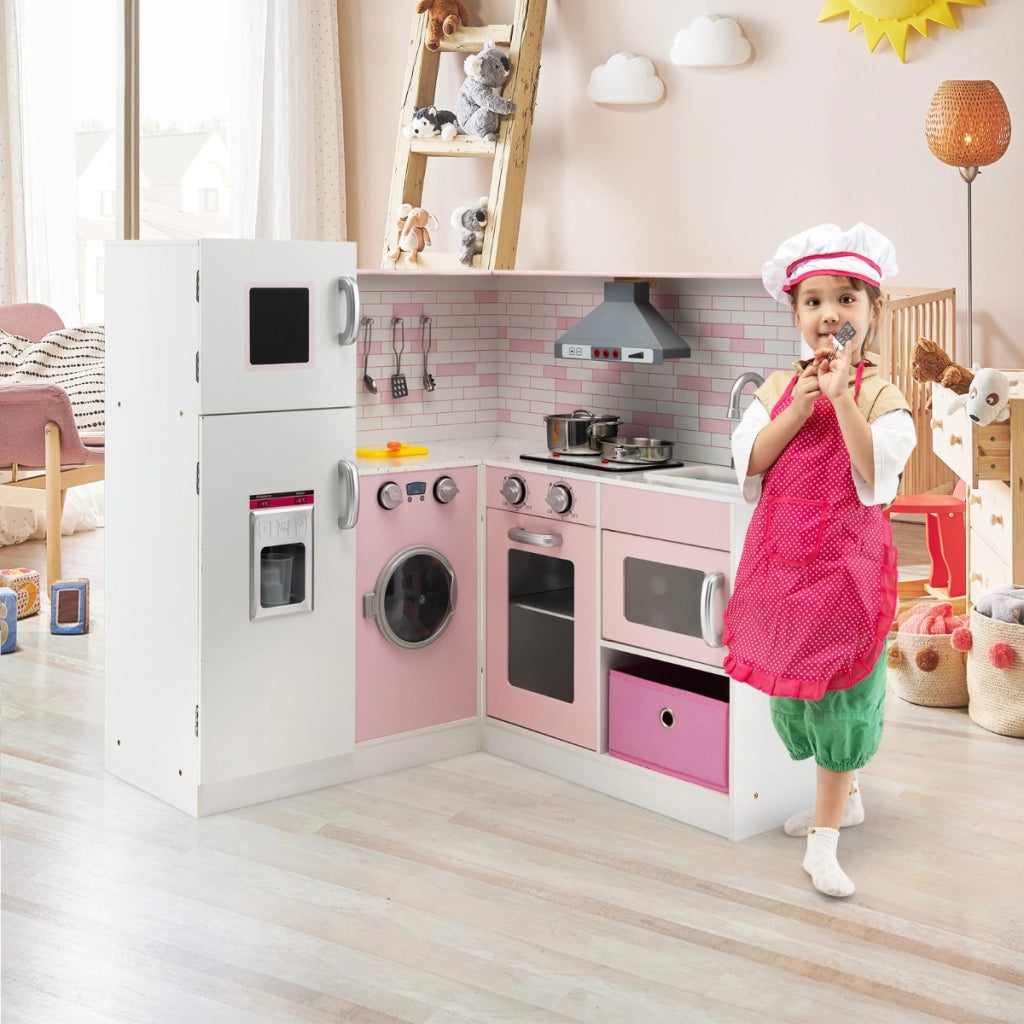 Cucina giocattolo ad angolo in legno per bambini, Mini cucina giocattolo con luci e suoni interattivi Rosa-Cucine giocattoli