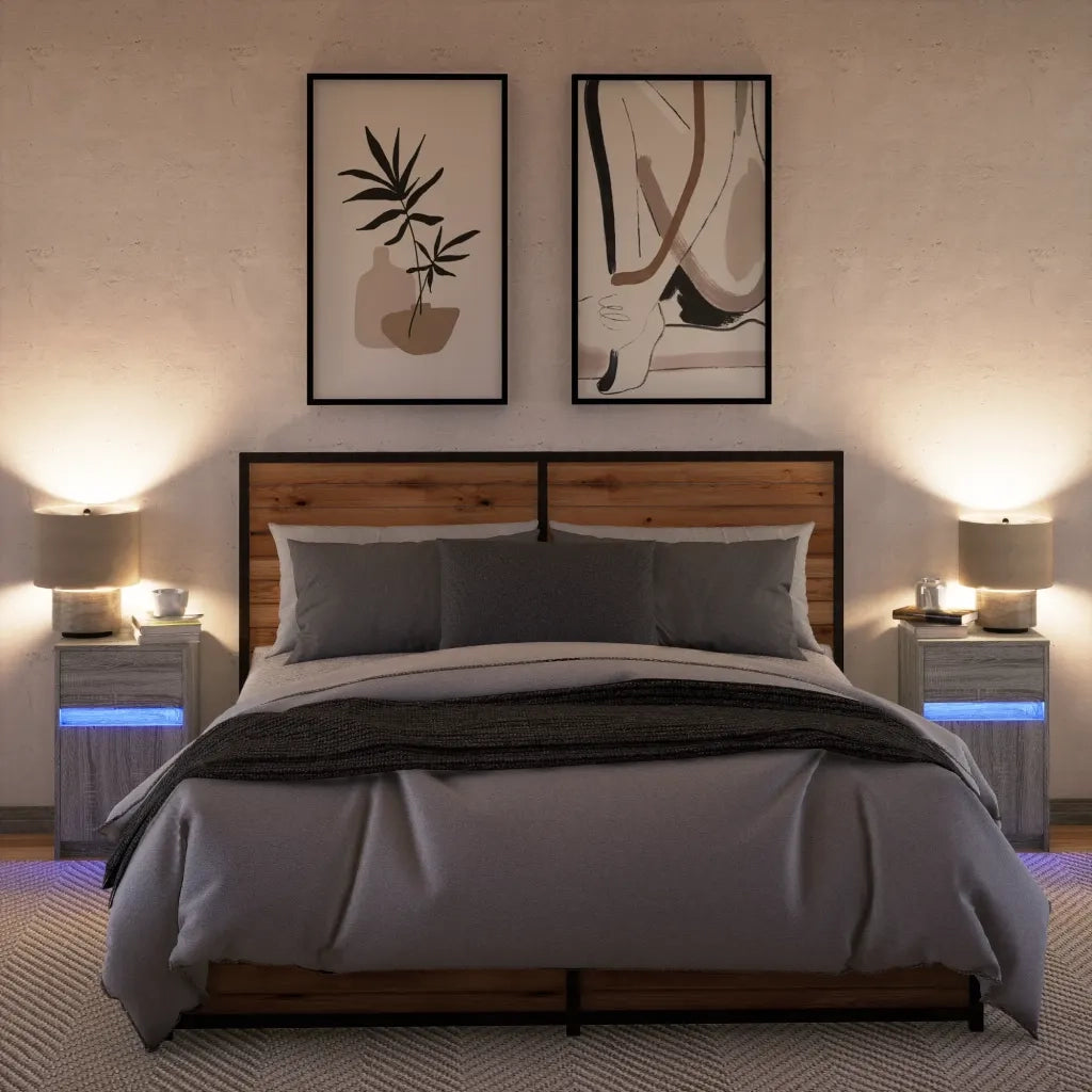 Comodini con Luci LED 2pz Grigio Sonoma in Legno Multistrato