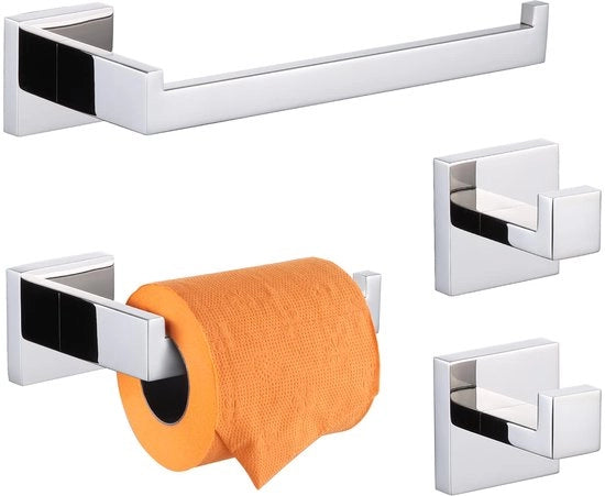 Set di accessori da bagno 4 pezzi con anello per asciugamano, contenitore per carta igienica e gancio per asciugamano x 2, fissaggio a muro in acciaio inossidabile lucidato a specchio, finitura cromata B05S4-CH