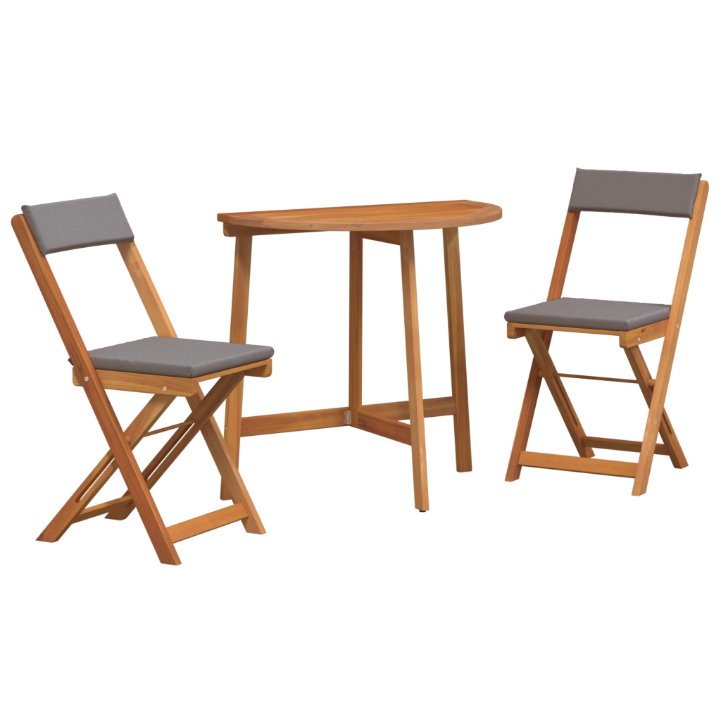 Set Bistro Pieghevole da 3 Pz con Cuscini in Legno Solido di Acacia