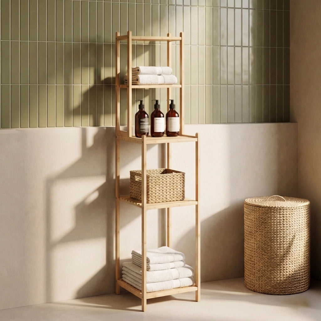 Scaffale da Bagno Anun in Bambù con 4 Scomparti Aperti 128 x 30 x 30 cm - Color Naturale [en.casa]