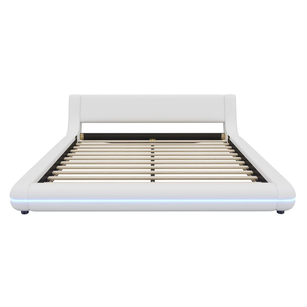 Letto a pavimento 160x200 cm con luci LED; PU e MDF bianco
