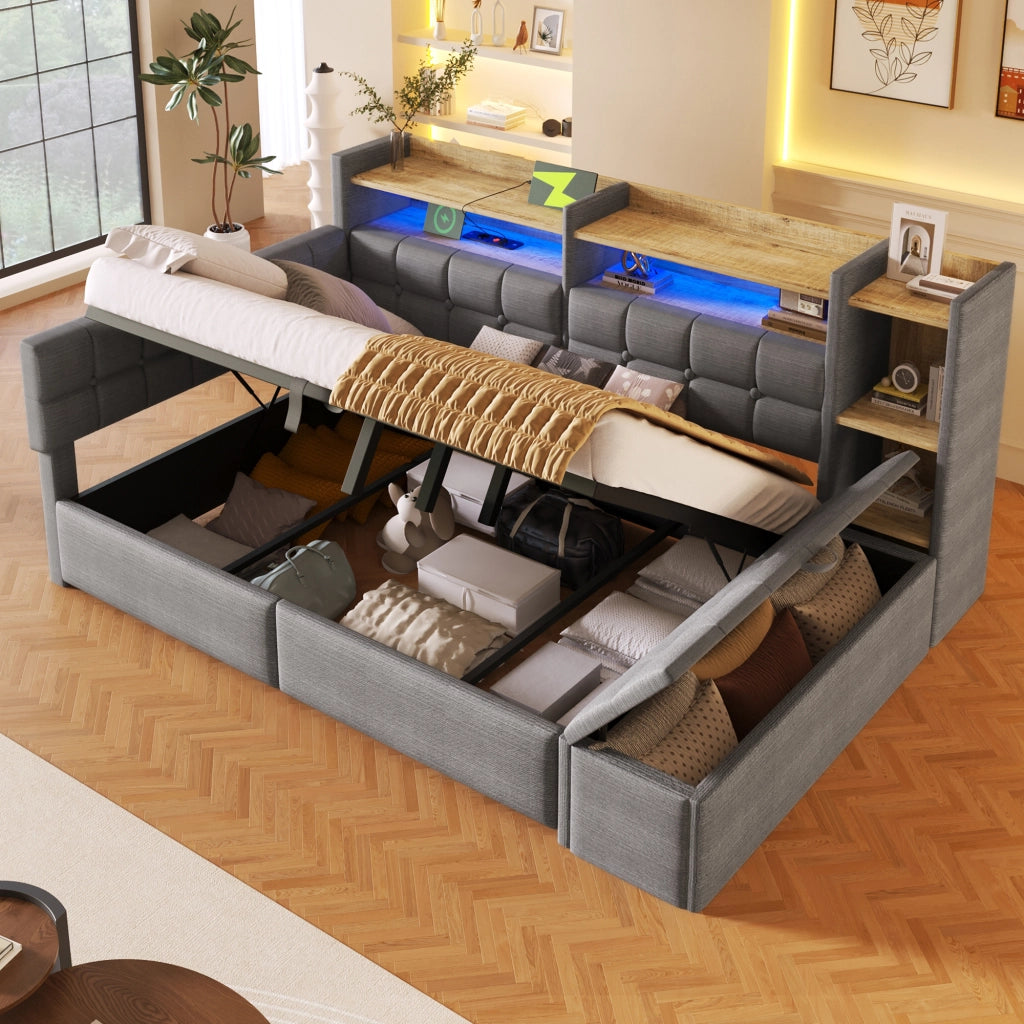 Daybed in velluto 140x200 cm con accumulo idraulico LED e USB-C - Grigio scuro