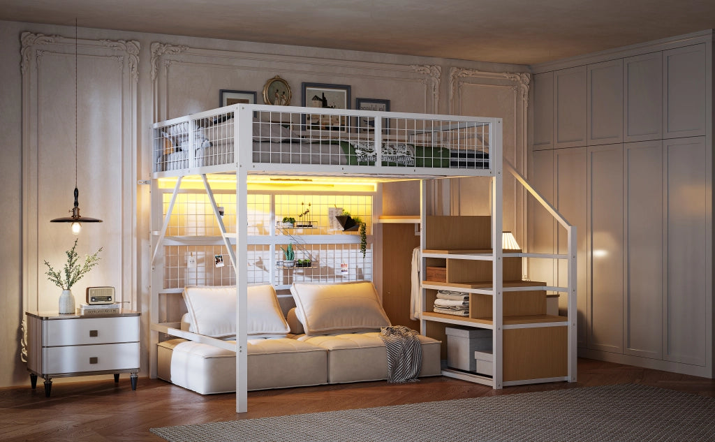 DESMIU Letto a Soppalco Matrimoniale con scala contenitore, armadio e LED regolabile, 140 × 200 cm, senza materasso