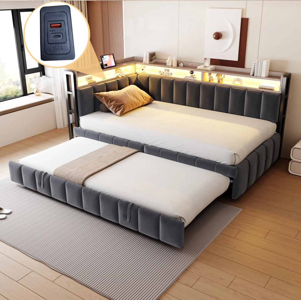 Divano letto 90x200 cm con letto estraibile, LED, USB e vani contenitivi