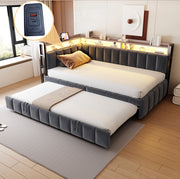 Divano letto 90x200 cm con letto estraibile, LED, USB e vani contenitivi