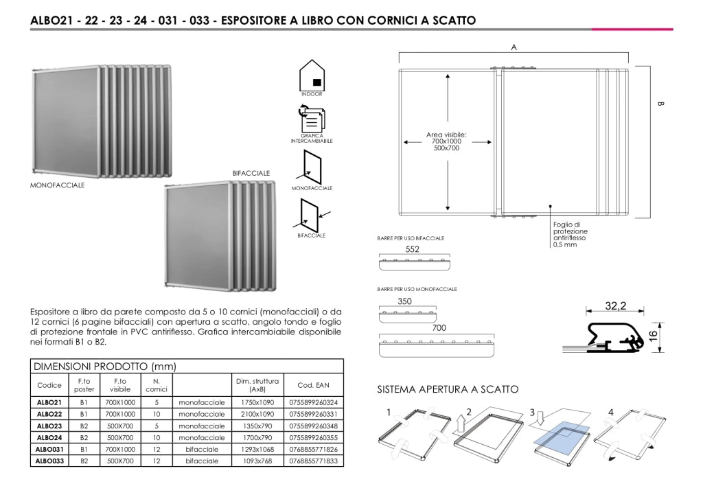 Espositore a parete con cornici a scatto - 12 Cornici 70 x 100