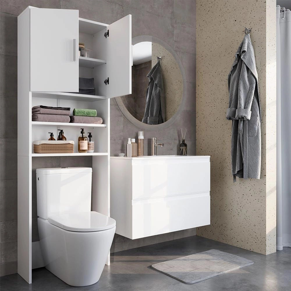 Armadietto per toilette, Bianco, 64 x 190 cm con 2 porte, per riporre articoli da bagno sopra il WC