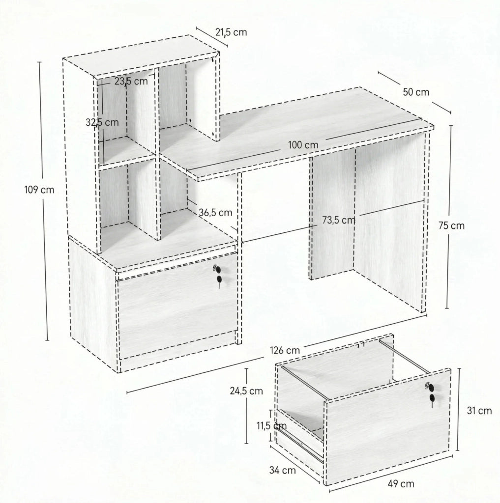 Scrivania da Computer con Libreria a 4 Scomparti e Cassetto Chiuso, Bianco e Rovere Chiaro