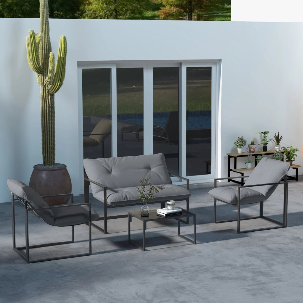 Set da Giardino 4 Pezzi con Divanetto, 2 Poltrone e Tavolino, in Acciaio, Poliestere e Cotone PP, Nero e Grigio
