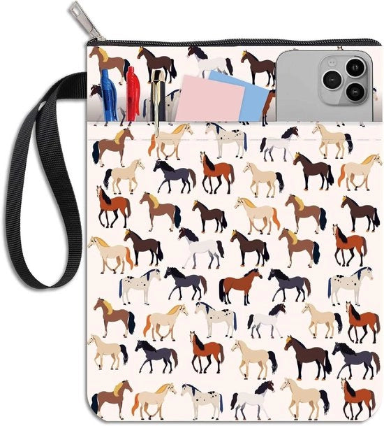 Borsa per libri con disegno di cavalli, chiusura a cerniera, panno lavabile, protezione per libri, borsa portatile - bibliotecario, club, libro di lettura