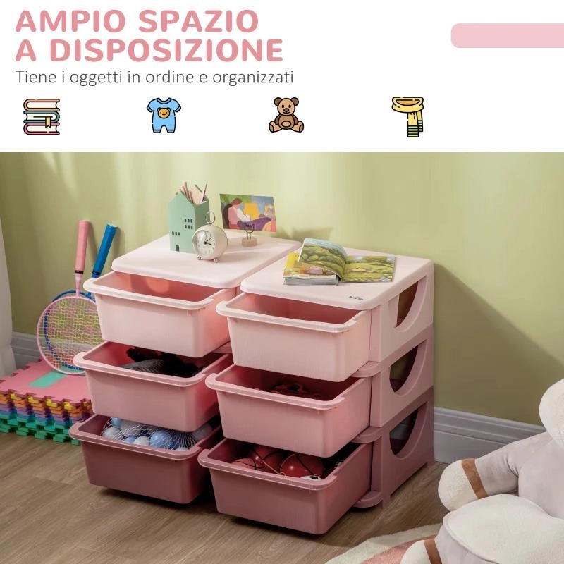 CASSETTIERA 6 CASSETTI PER BAMBINI 3-6 ANNI CON BORDI ARROTONDATI, IN PP ROSA, 75X37X56.5 CM