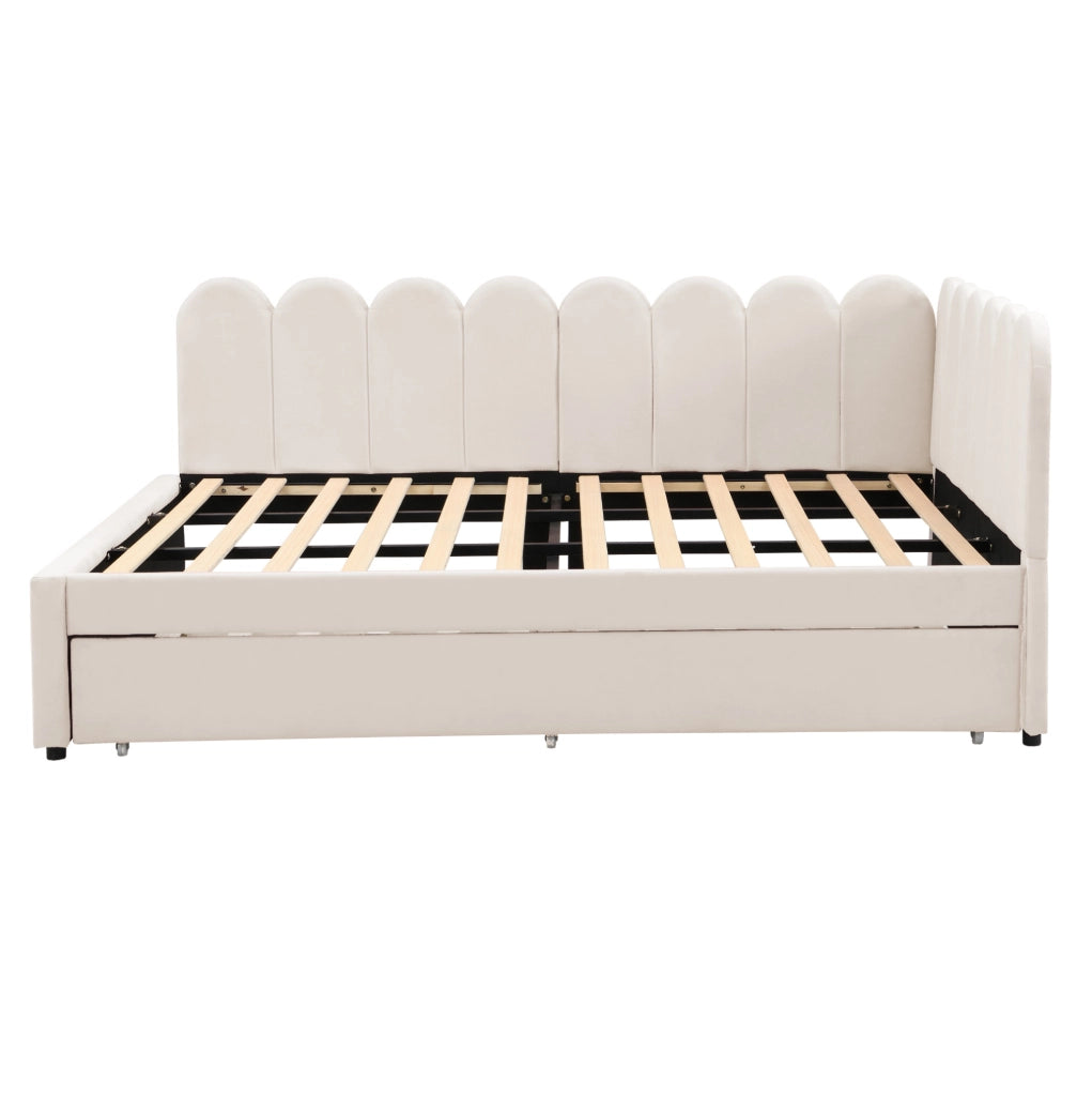 Letto imbottito a L con letto estraibile 140x200 cm in tessuto beige; 205x148x90 cm