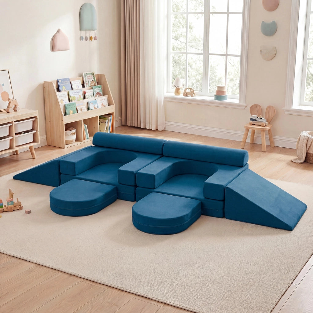 Divano da gioco per bambini trasformabile tessuto suede e schiuma ad alta elasticit¨¤, Poltrona modulare a 10 pezzi Blu