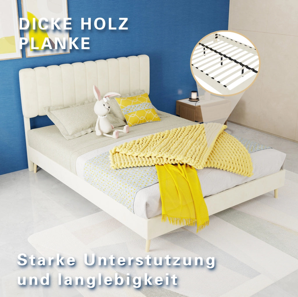 Letto imbottito 140x200 cm con testiera alta; tessuto beige