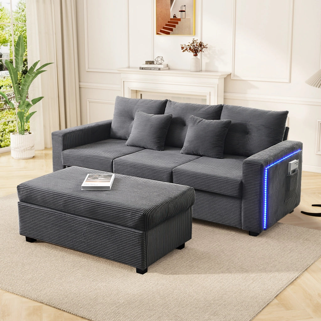 Divano angolare L-form con LED APP, pouf, corda, grigio antico