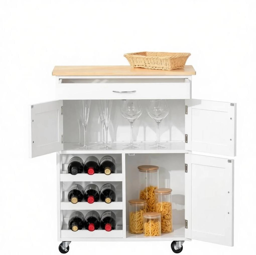 CARRELLO DA CUCINA 67x37x87 cm Bianco e Legno di Gomma con Ruote