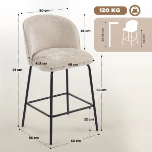 Set di 2 sgabelli da bar imbottiti con schienale e poggiapiedi, gambe in acciaio, beige