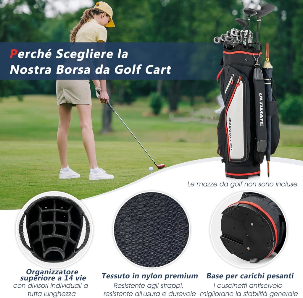 Borsa da Golf Leggera e di Grande Capacità, Sacca da Golf con 14 Divisori, 8 Tasche, Cappuccio Antipioggia, Tracolla, Borsa Termica per Bevande, Ideale per Uomini e Donne (Nero)