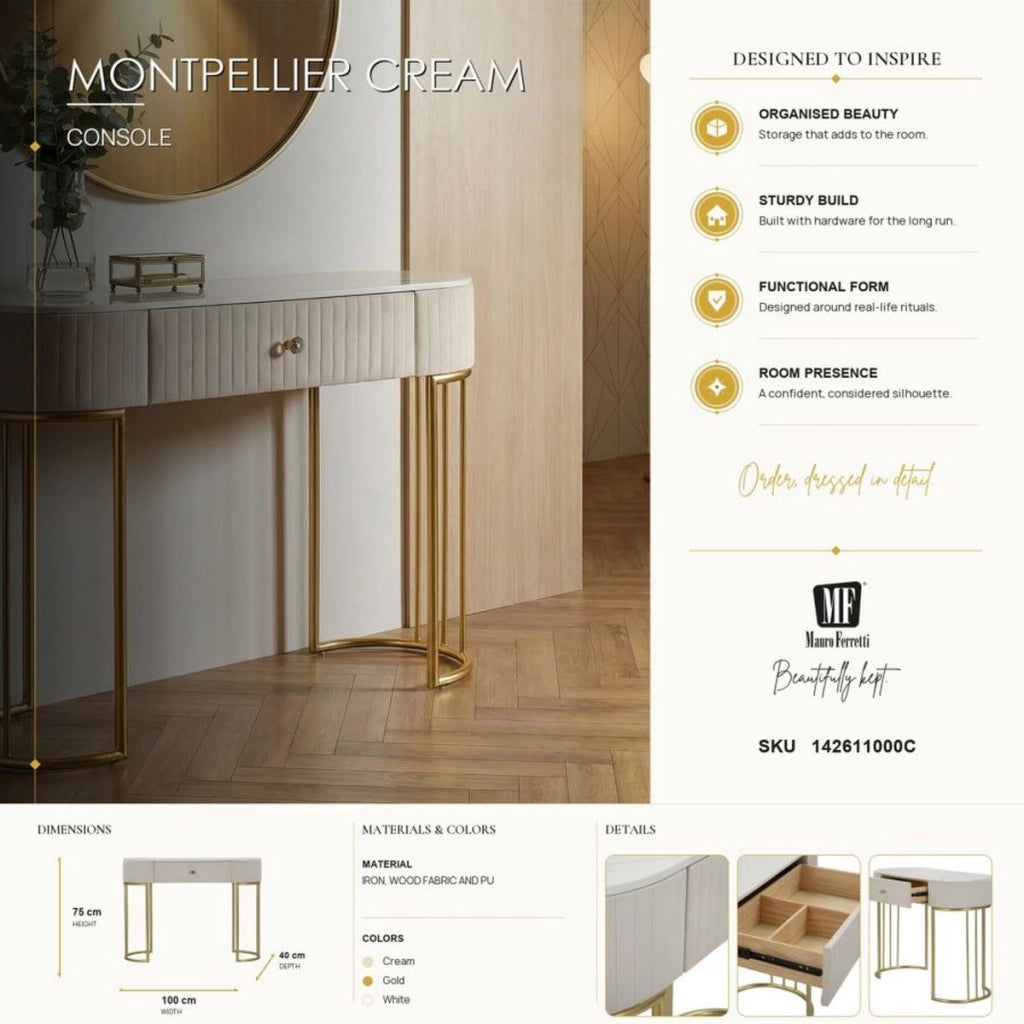 Console Montpellier crema in legno, ferro e tessuto — 100x40x75 cm