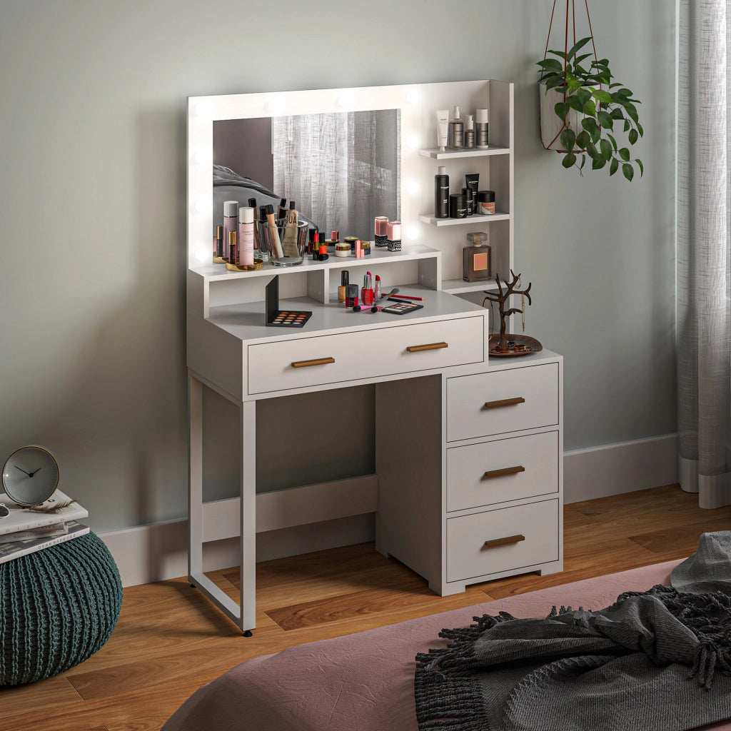 Tavolo da Trucco in Legno con 4 Cassetti, 6 Ripiani Aperti e Specchio, 100x40x138 cm, Bianco