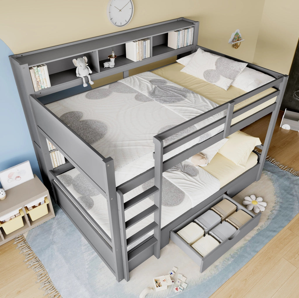 Letto a castello 90x200 cm con cassetto e vani portaoggetti; grigio