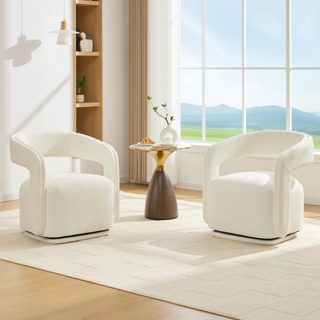 Poltrona girevole 360° in chenille bianca, design barrel con struttura in legno, seduta imbottita e portata 110 kg