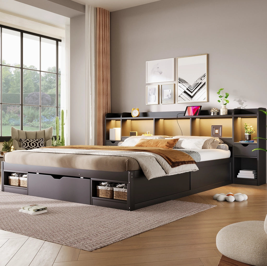 Letto contenitore 180x200 cm con LED, USB e 3 cassetti nero