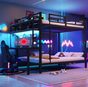 Letto a castello 140x200 cm in metallo e MDF; con scrivania; ripiani; LED e USB; nero