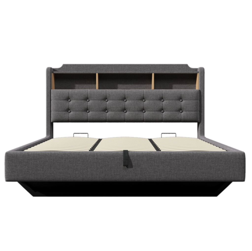 Letto imbottito 180x200 cm con illuminazione LED; contenitore idraulico; in lino e MDF; grigio