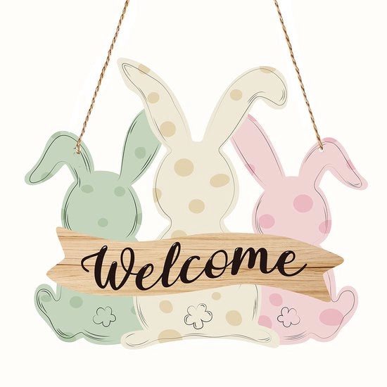Hanger per porta di legno, porta di Pasqua con benvenuto, cartello di Pasqua per la porta, coniglio con fiocchetto, decorazione di primavera per casa e giardino.