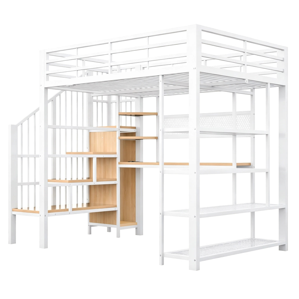 Letto a soppalco multifunzione in metallo e legno, 140¡Á200 cm, bianco, con scala contenitore, LED e prese EU