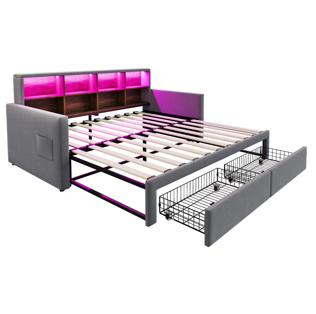 Letto imbottito estraibile ULEVR 90x190 cm, estensibile a 180 cm, LED, prese USB e Type-C, grigio