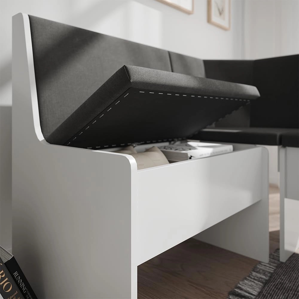 panca ad angolo Ramon, Bianco, 150 x 51 cm con spazio di archiviazione, con vano portaoggetti sotto la seduta per spazio aggiuntivo