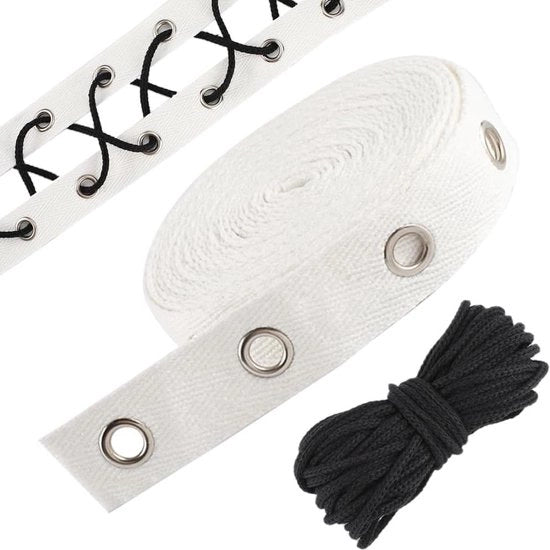 Nastro di finitura a vista 4 metri - 19 mm di larghezza - cotone bianco - nastro twill - striscia di spugna con 55 mm di diametro - velatura argentata - inclusa 10 m di filo di cotone nero.
