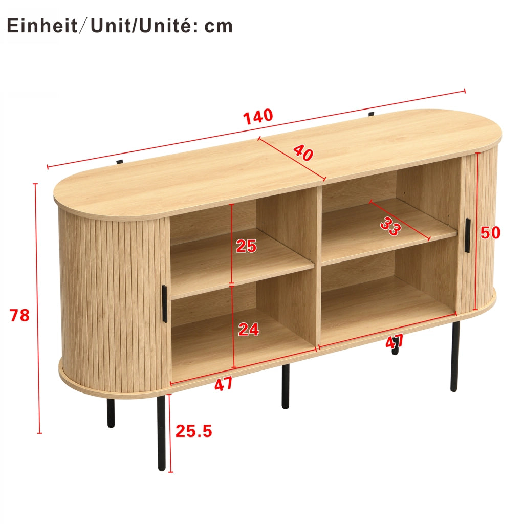 Credenza con 2 Ante a Serrandina Scorrevoli; Maniglie in Alluminio e Gambe in Ferro; in MDF; 140??40??78 cm; Naturale