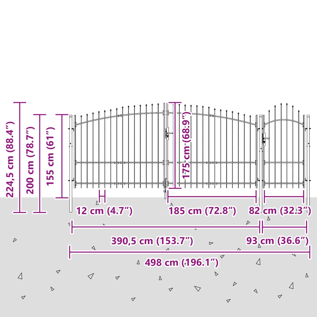 Cancello da Giardino con Punta di Lancia Grigia 175x500 cm Acciaio