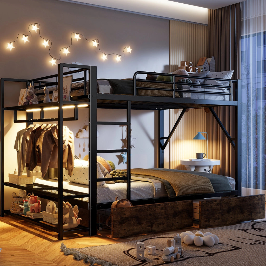 Letto a castello 140x200 cm con LED, 2 cassetti e ripiani, nero