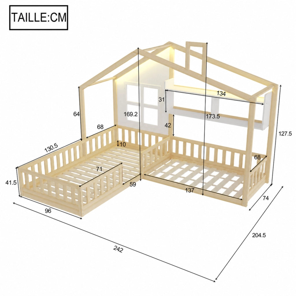DESMIU Letto Bambino Singolo con Sponde, Mensole e LED, 90 × 200 cm e 140 × 70 cm, Senza Materasso