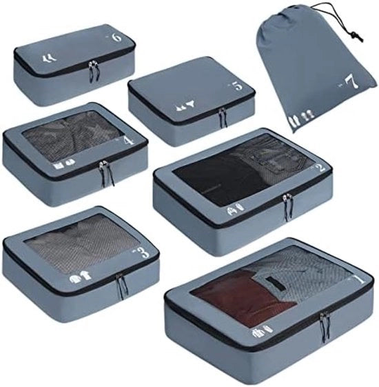 Set di organizzazione per viaggi 7 pezzi con pannelli a mesh - Borse leggere per abbigliamento e scarpe