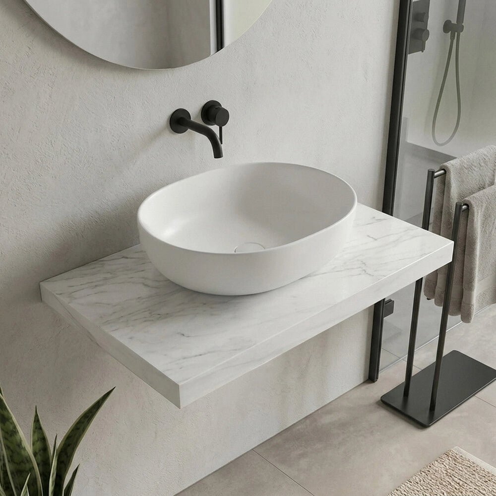 Mensolone bagno 100 cm in legno effetto marmo bianco carrara Levia