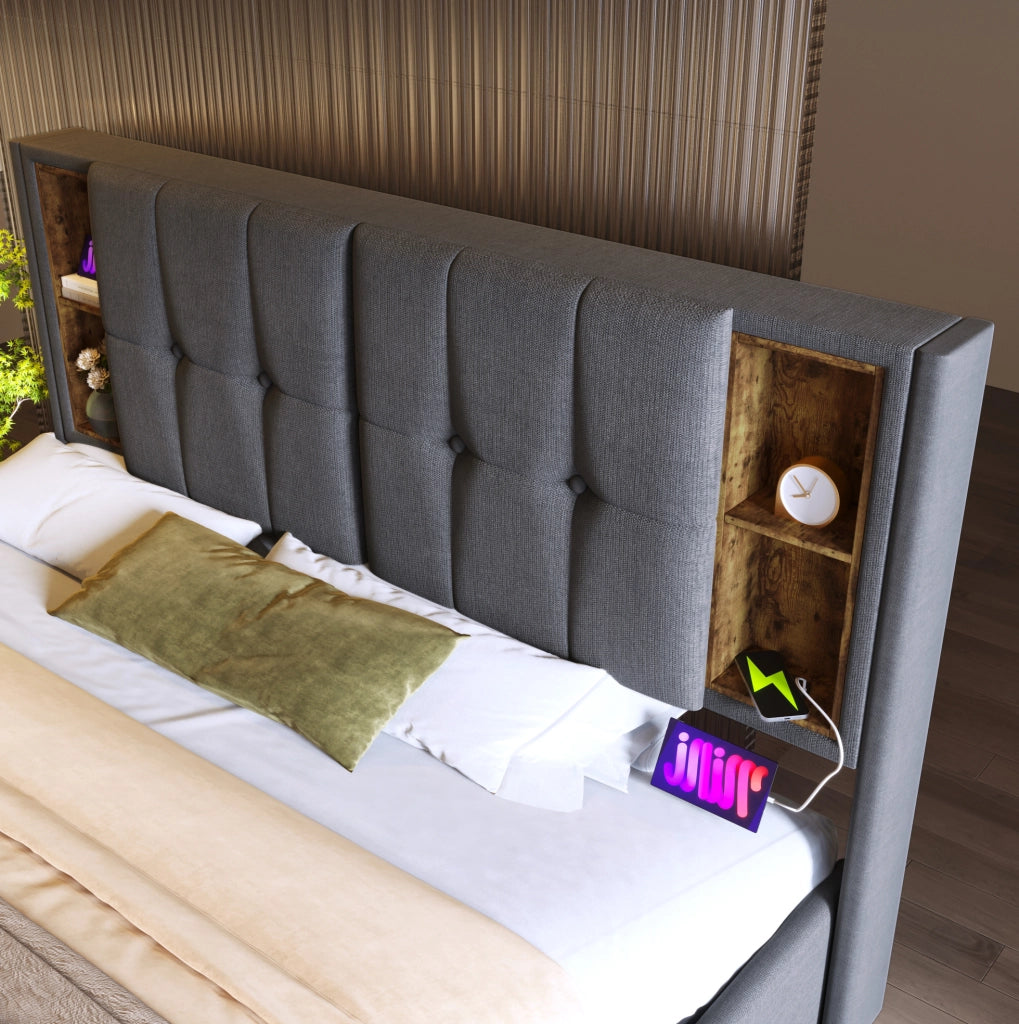 Letto matrimoniale imbottito 140x200 cm grigio con ricarica wireless; USB e vano contenitore