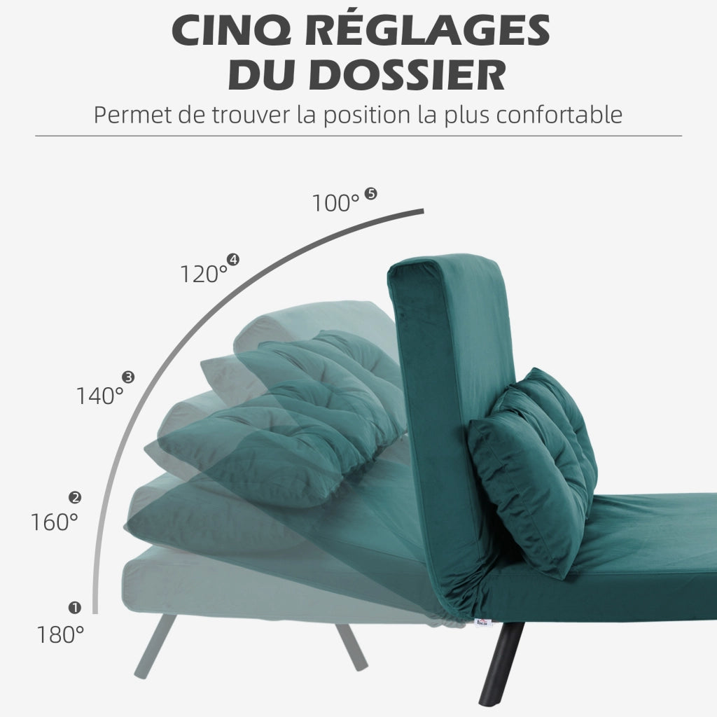Divano letto 2 posti con schienale regolabile e cuscini ¨C Minimal ¨C verde velluto