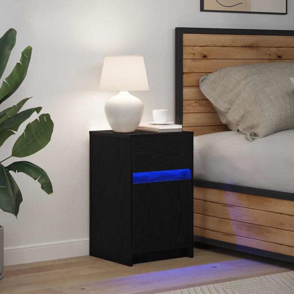 Armadio da letto | Comodino | Armadio da Notte | Mobiletto da notte LED con cassetto Rovere nero 38 x 34 x 61 cm