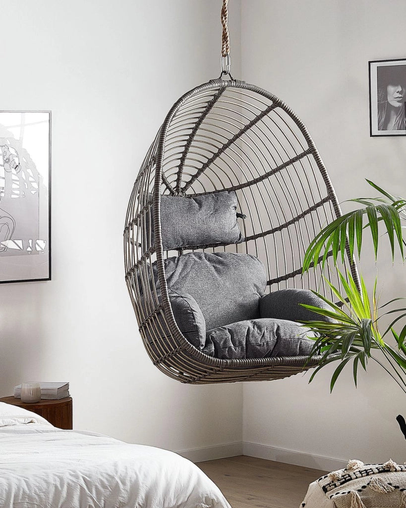 Sedia sospesa poltrona pensile in rattan grigio senza supporto a forma di uovo per interni ed esterni Boho