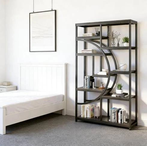Libreria moderna in metallo nero con mensole rustiche, 9 ripiani aperti, versatile e autoportante