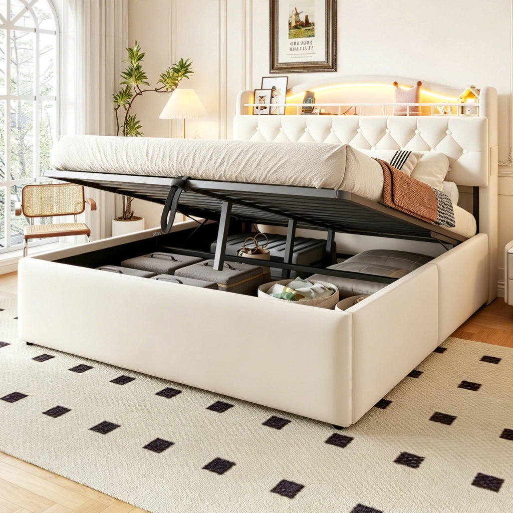 Letto contenitore 140 × 200 cm con sollevamento idraulico, USB e USB-C, vano testiera, senza materasso, beige